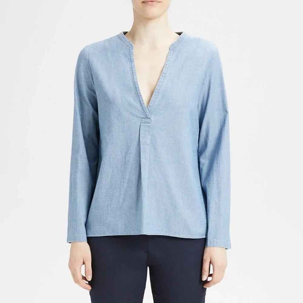 Theory Ofeliah Light Blue Cotton Chambray Split Back Blouse Top Women’s Medium